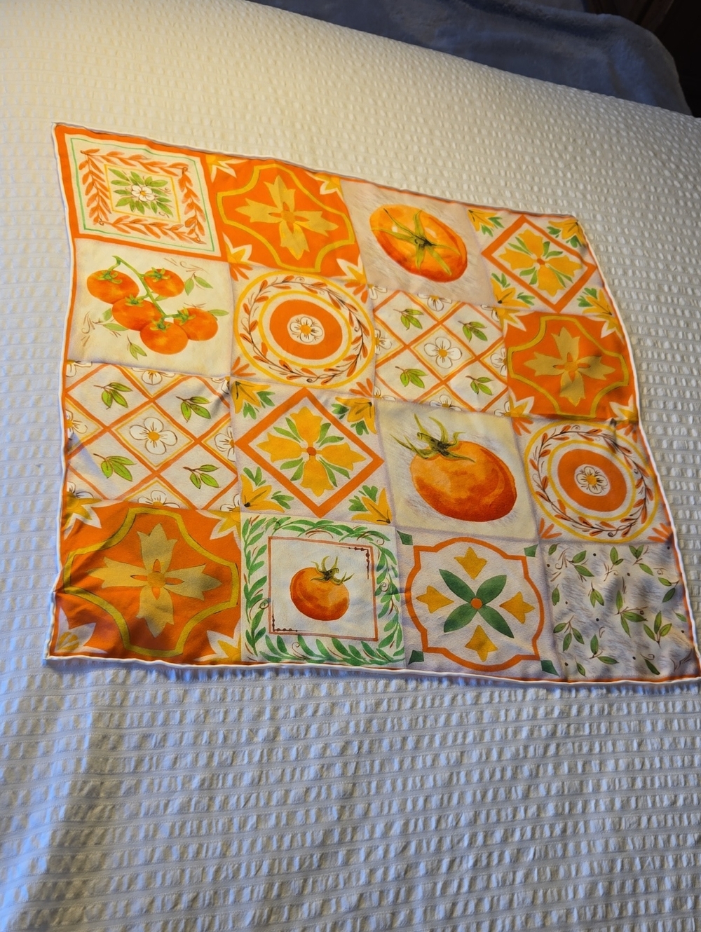 NWT FRAAS 100% Silk Orange & Cream Decorative Tomato Print Square Scarf